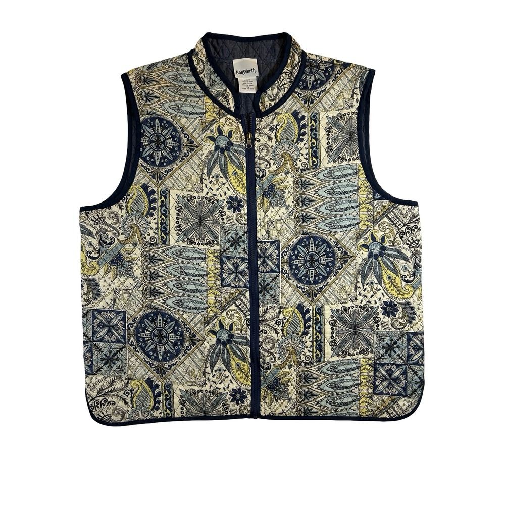 BonWorth Womens Quilted Vest XL Blue Yellow‎ Paisley Medallion Zip Front 31040
